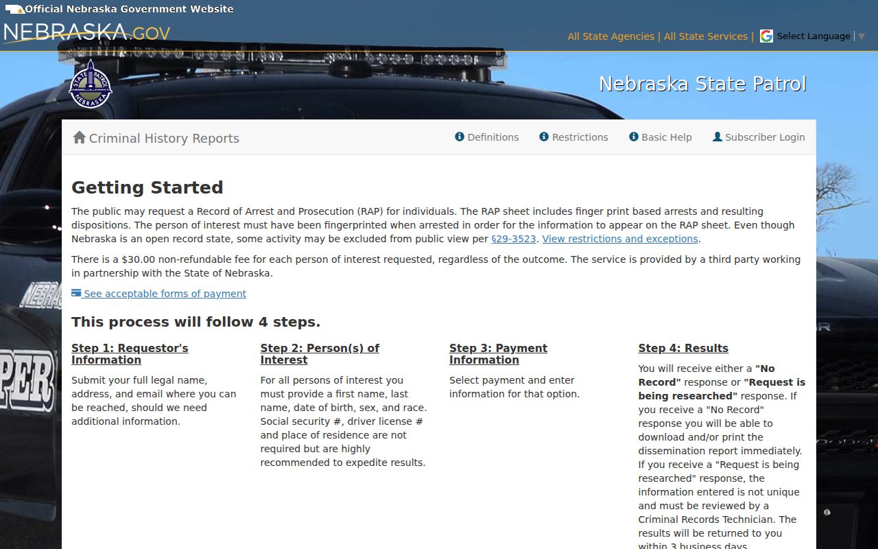 Lancaster County resident lookup Nebraska State Patrol criminal-history request screen