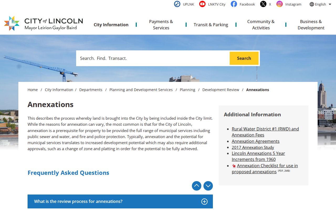 Lancaster County street directory Lincoln annexation history page
